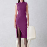 A professional woman wearing a stunning magenta purple sleeveless dress, featuring a traditional mandarin collar, a row of elegant side buttons, and a sophisticated high slit for a modern oriental look.