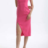 A professional woman wearing a vibrant hot pink modern qipao dress, featuring a classic mandarin collar, sleeveless design, and elegant gold button side-fastening with a sophisticated slit for an oriental chic look.