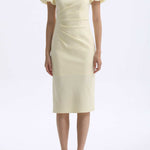 A professional woman wearing a sophisticated pale yellow short-sleeve midi dress, featuring elegant puff sleeves and a slimming ruched waistline for a polished and fresh summer office look.