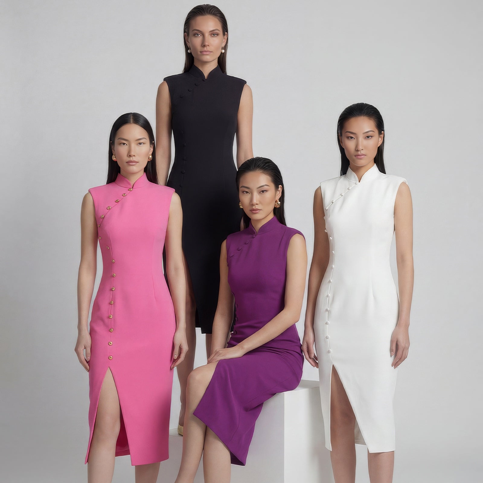 A professional woman wearing a sophisticated black modern qipao, featuring a classic mandarin collar, sleeveless slim-fit silhouette, and elegant side buttons with a high-low slit for a timeless oriental chic look.