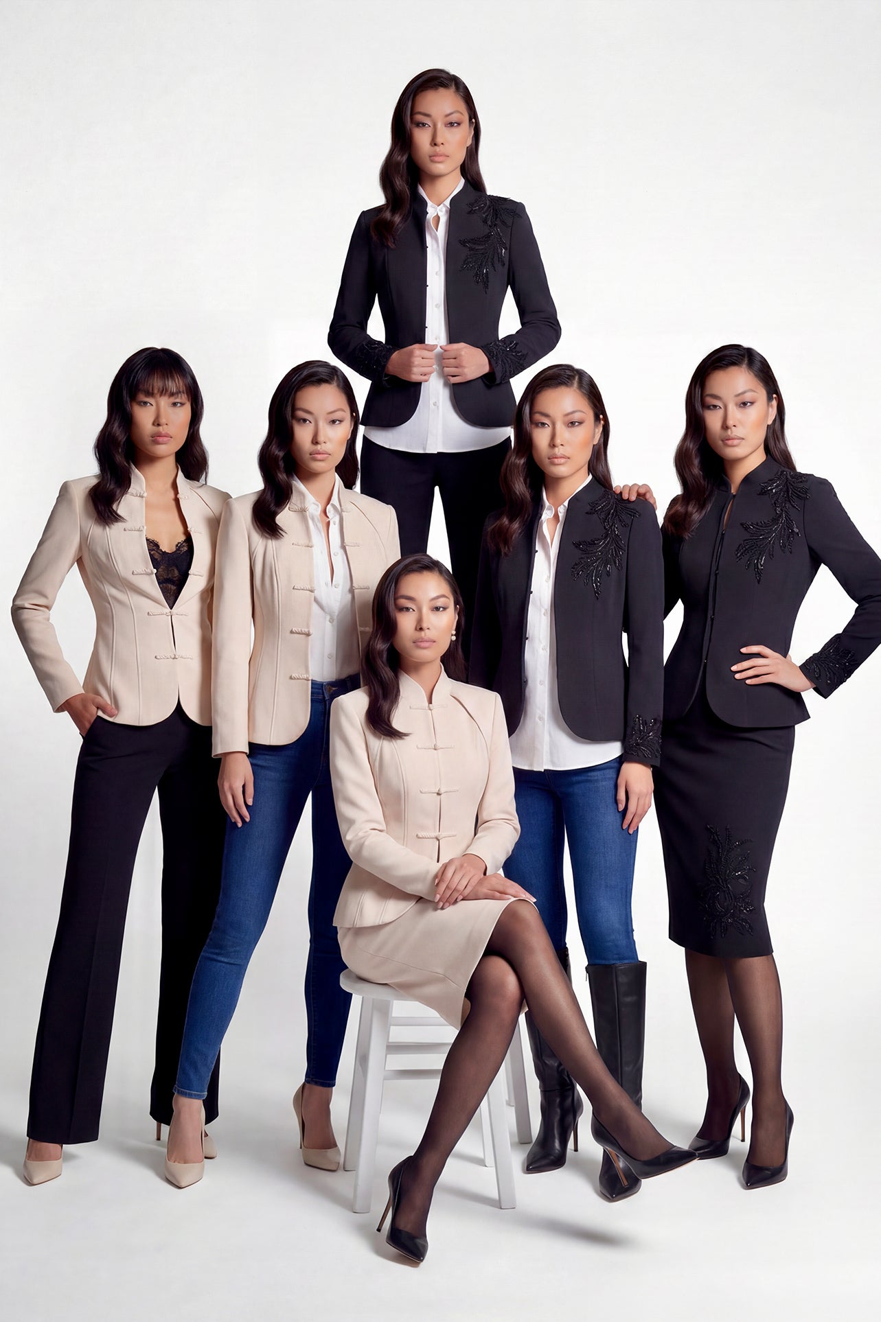 A professional woman wearing a sophisticated black skirt suit, featuring a mandarin collar with elegant leaf embroidery on the shoulder and skirt, and traditional frog button detailing for a modern oriental executive look.