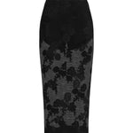 An elegant woman wearing a sophisticated black floral lace midi skirt, featuring a sexy sheer lace overlay with a delicate scalloped hem and a tailored slim fit for a formal evening look.