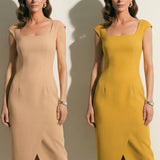 A professional woman modeling an elegant mid-blue midi dress featuring a structured square neckline, delicate cap sleeves, and a flattering high-waisted A-line flare skirt for a sophisticated summer look.