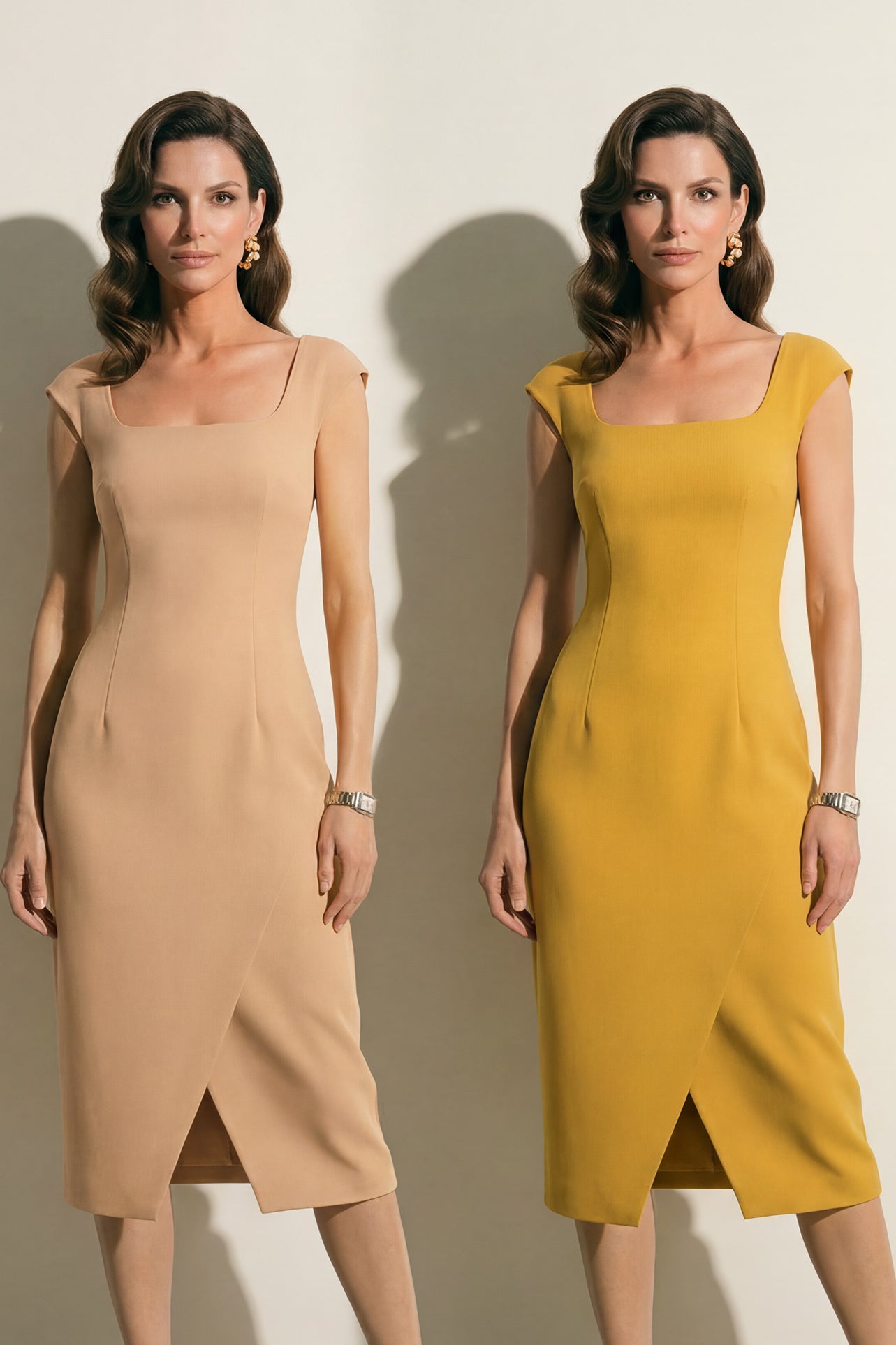 A professional woman modeling an elegant mid-blue midi dress featuring a structured square neckline, delicate cap sleeves, and a flattering high-waisted A-line flare skirt for a sophisticated summer look.