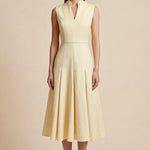 A side-by-side comparison of an elegant pale yellow sleeveless dress in two lengths, featuring a sophisticated mandarin collar, a stylish bow tie-waist, and a pleated A-line skirt for a classic feminine look.