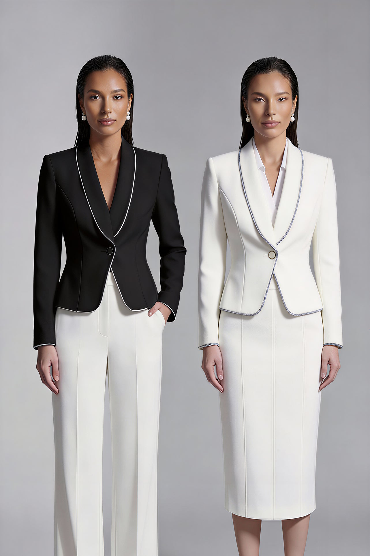 Two elegant professional women modeling high-end monochrome executive suits, one in a black blazer with white piping and wide-leg trousers, the other in a white blazer with dark trim and a matching pencil skirt.