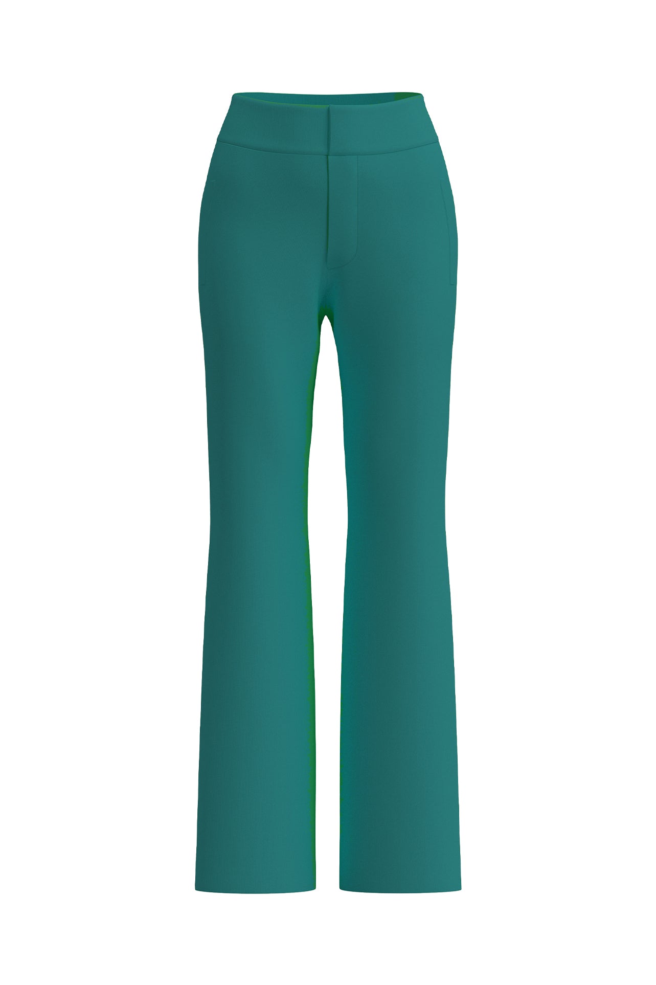 A professional woman wearing sophisticated emerald green high-waisted flare trousers, featuring a tailored slim fit through the hip and a stylish bootcut silhouette for an elegant office look.