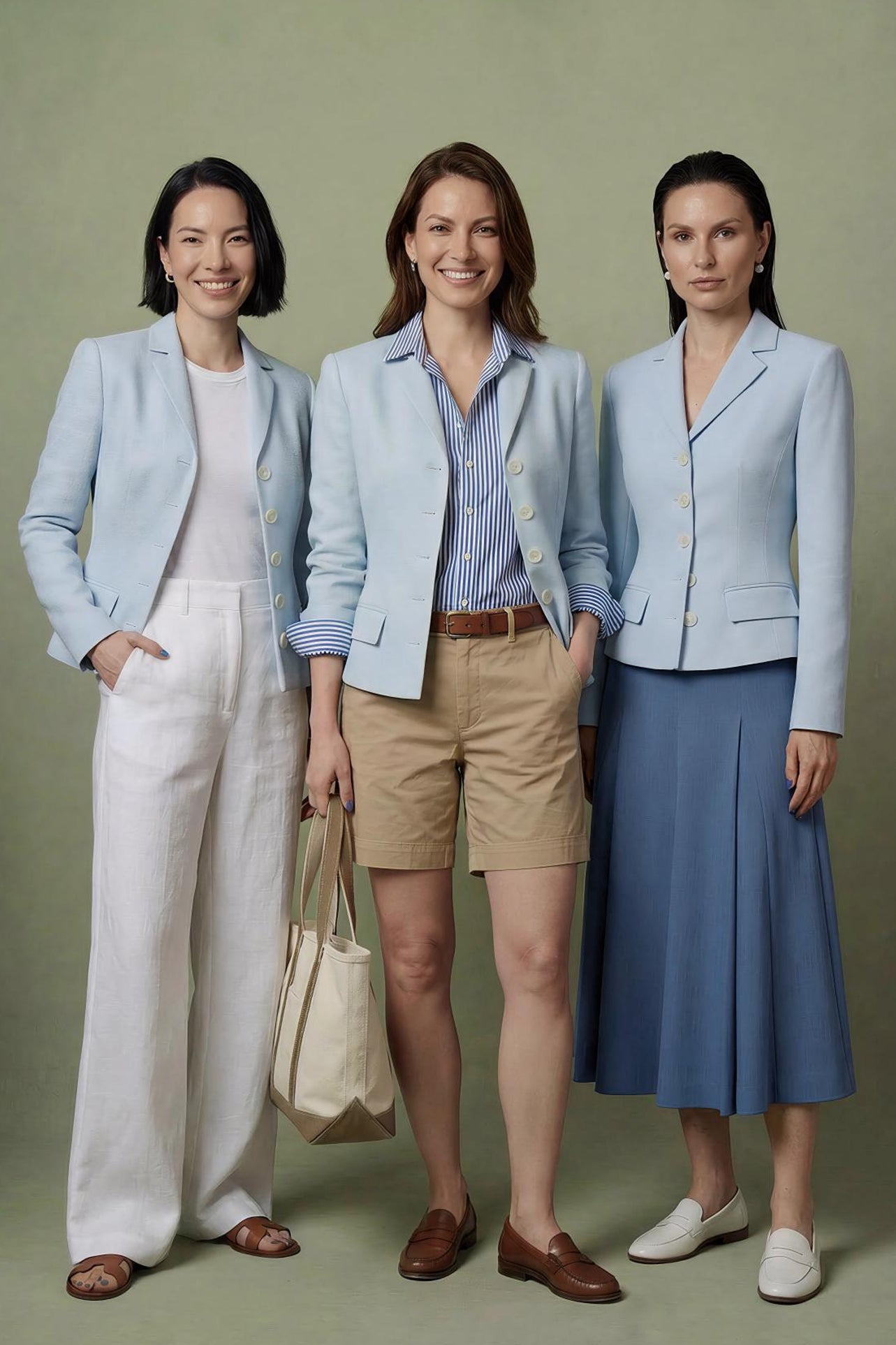 A professional woman modeling a sophisticated light blue tailored blazer with white buttons, perfectly paired with a contrasting navy blue pleated midi skirt for a refined business look.