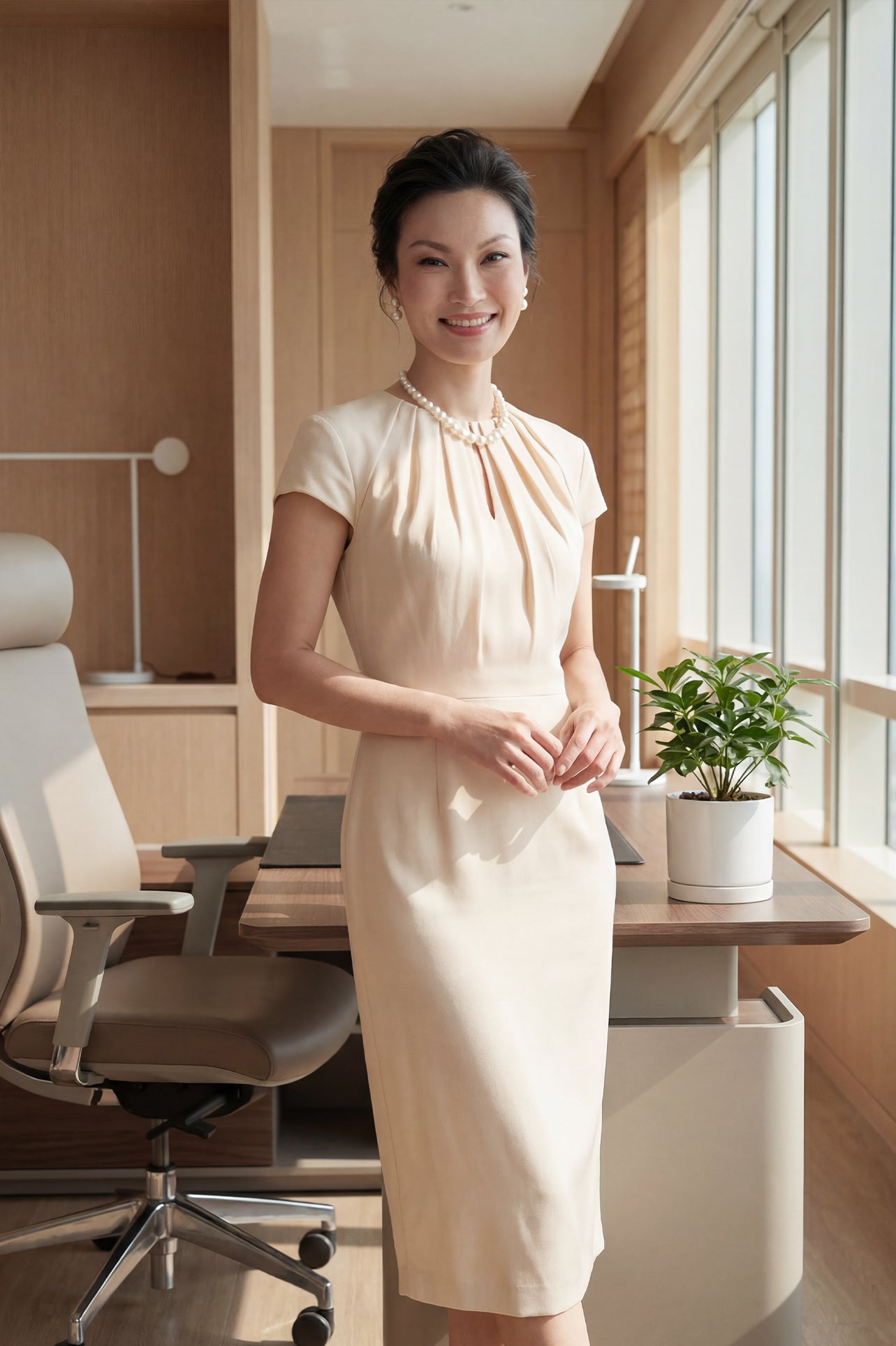 A professional woman modeling a sophisticated blush pink sheath dress, featuring a unique gathered neckline with keyhole detail and a tailored slim fit for a timeless executive look.