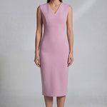 Four women showcasing an elegant v-neck sleeveless sheath dress in black, burgundy, teal green, and lavender pink, featuring a slimming tie-waist design perfect for a modern professional office look.