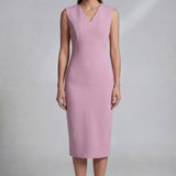 Four women showcasing an elegant v-neck sleeveless sheath dress in black, burgundy, teal green, and lavender pink, featuring a slimming tie-waist design perfect for a modern professional office look.