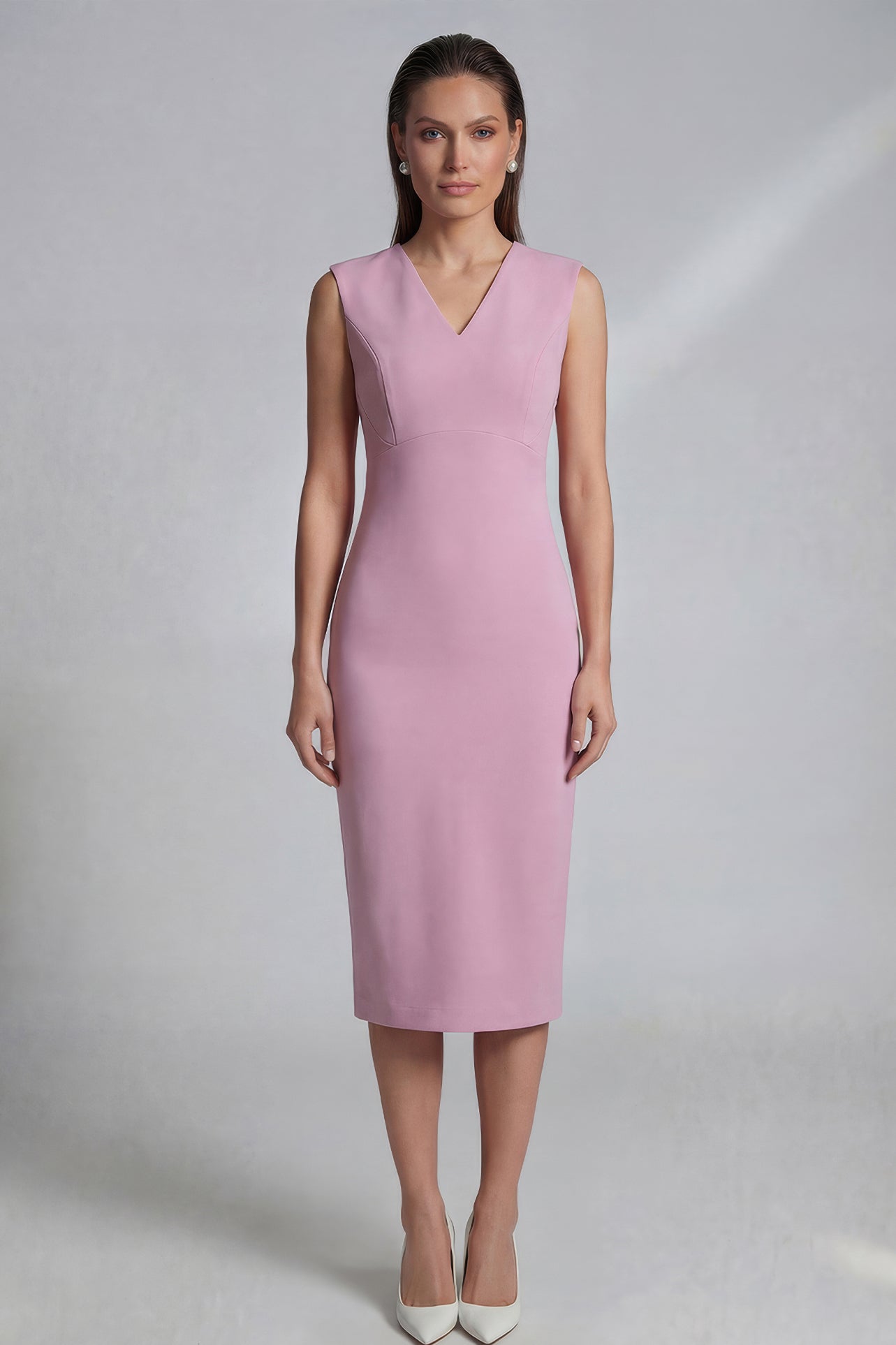 Four women showcasing an elegant v-neck sleeveless sheath dress in black, burgundy, teal green, and lavender pink, featuring a slimming tie-waist design perfect for a modern professional office look.
