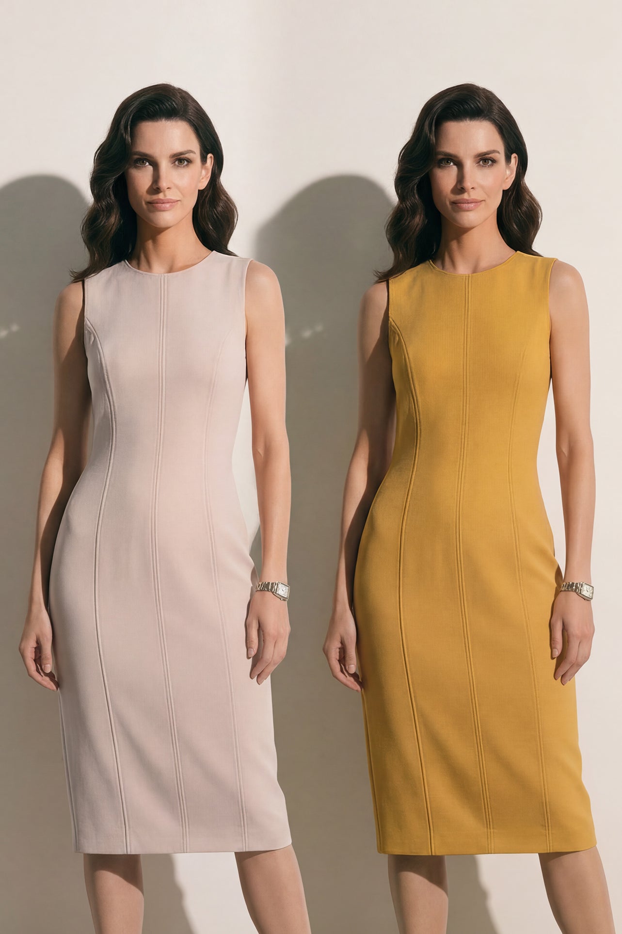 A professional woman modeling an elegant mustard yellow sleeveless sheath dress, featuring a sophisticated crew neckline and a tailored slim fit with princess seams for a polished executive look.