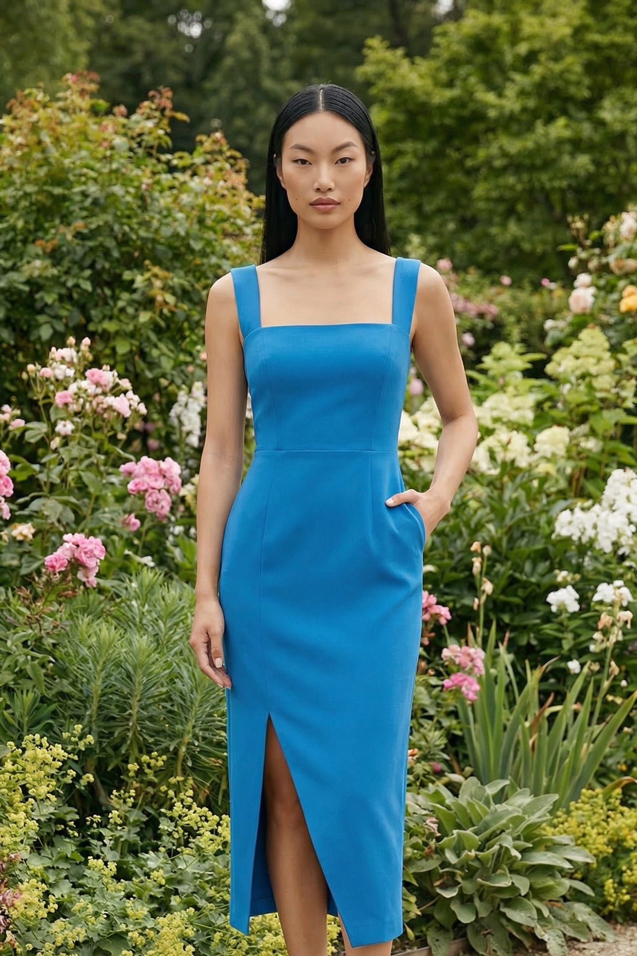 Two professional models wearing elegant square-neck sheath dresses in crisp white and vibrant mid-blue, featuring a tailored slim fit, a front slit, and a functional side pocket for a sophisticated office or social look.