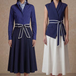 A comparison of two elegant professional looks: a navy blue pleated midi skirt and a crisp white flare skirt, both featuring sophisticated contrast-piped bow belts for a polished executive appearance.