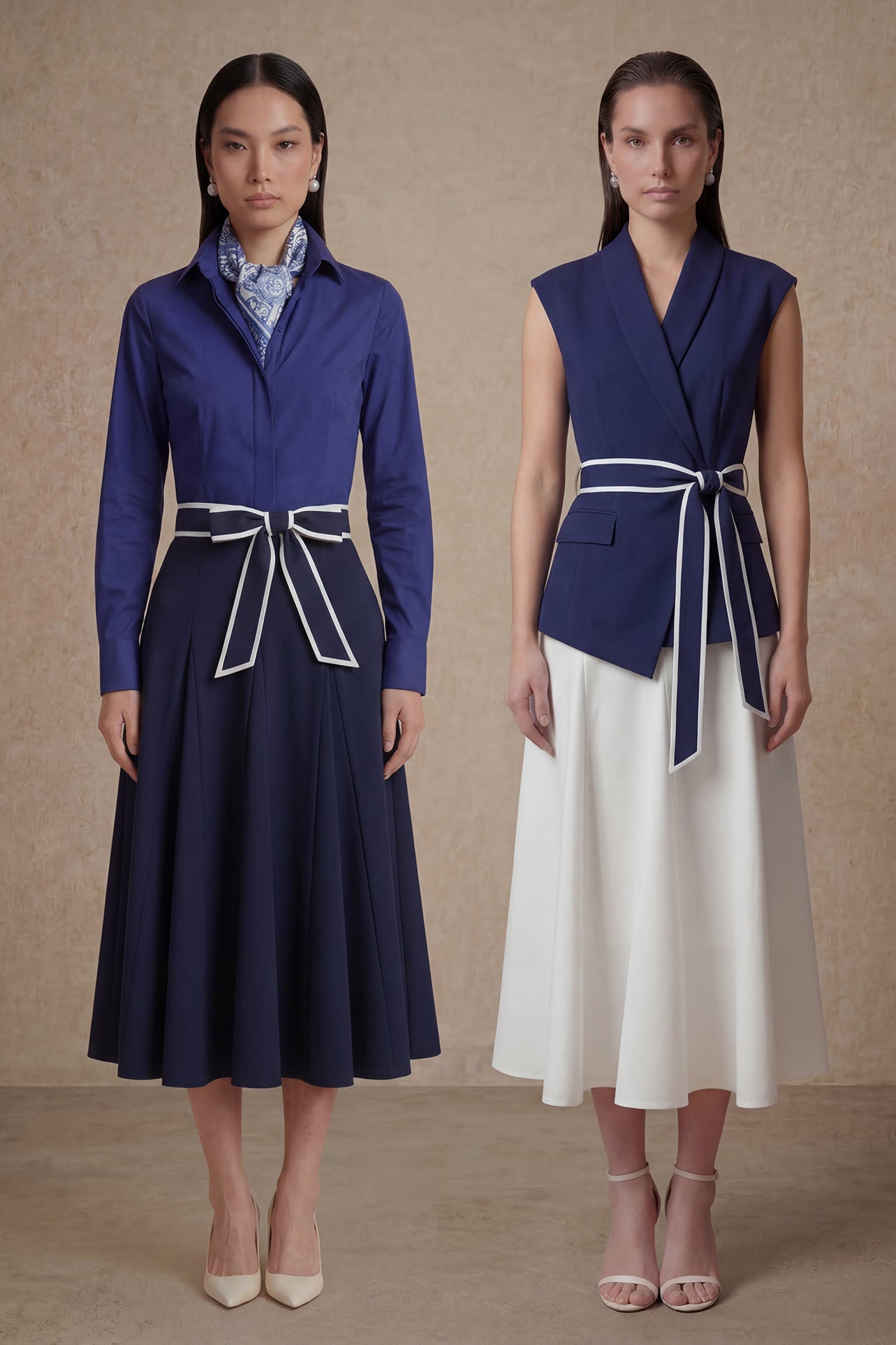 A comparison of two elegant professional looks: a navy blue pleated midi skirt and a crisp white flare skirt, both featuring sophisticated contrast-piped bow belts for a polished executive appearance.