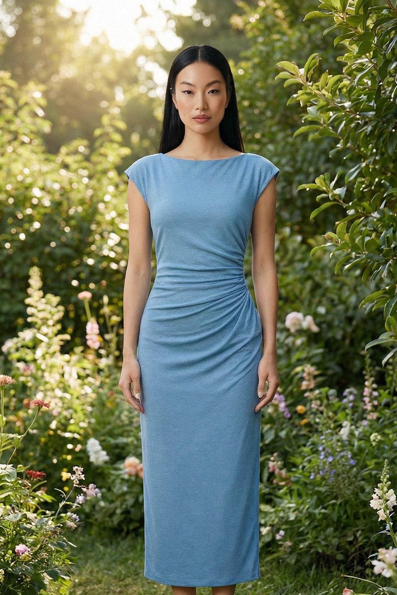 Two professional women modeling elegant sky blue and light grey sheath dresses, featuring a sophisticated boat neck, cap sleeves, and slimming side ruched details for a polished executive look