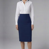 An elegant professional woman wearing a high-waisted navy blue pencil skirt featuring a slim fit, functional side pockets, and a wide waistband for a polished office look