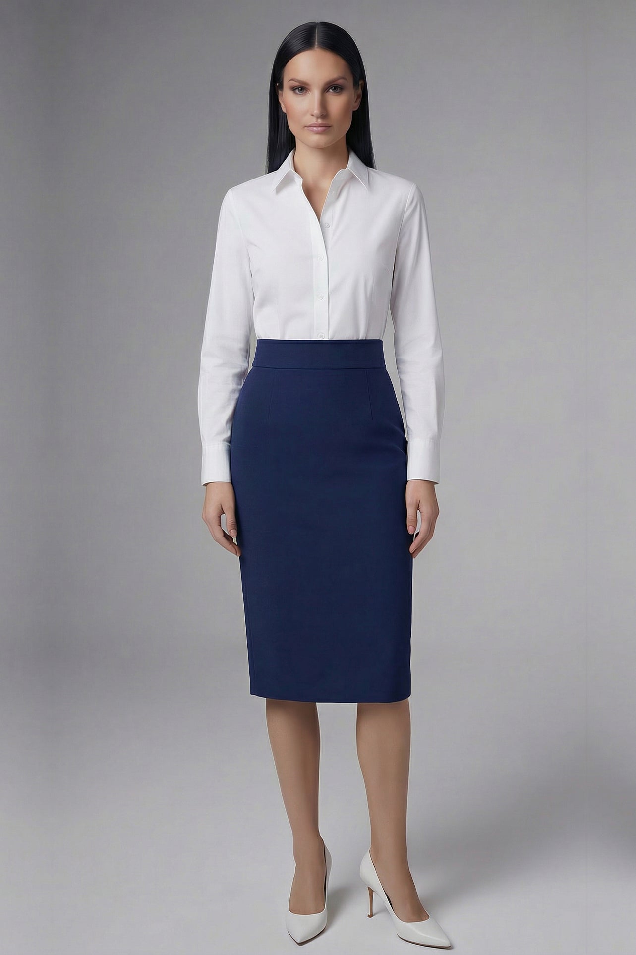 An elegant professional woman wearing a high-waisted navy blue pencil skirt featuring a slim fit, functional side pockets, and a wide waistband for a polished office look