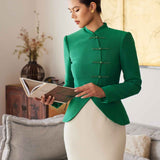 A professional woman wearing a stunning vibrant green blazer, featuring a traditional mandarin collar and elegant frog button detailing for a modern oriental-inspired executive look.