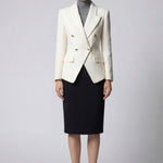A professional woman wearing a sophisticated cream white double-breasted tweed blazer, featuring elegant gold buttons, a tailored slim fit, and classic flap pockets for a polished executive look.