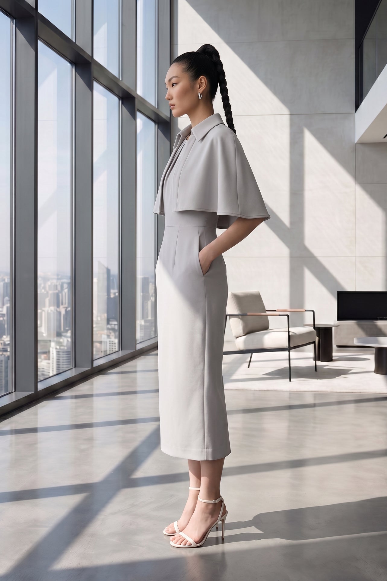 A style comparison of two elegant tailored office sheath midi dresses; the left showcasing a structured vibrant purple dress with a collared capelet sleeve design, and the right featuring a minimalist light grey sleeveless dress with subtle pleated neckline and side pockets.