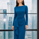 A style comparison of two elegant tailored long-sleeve midi dresses with side twist knotting and cascading ruffles; the left in a sophisticated light dove grey and the right in a vibrant royal blu