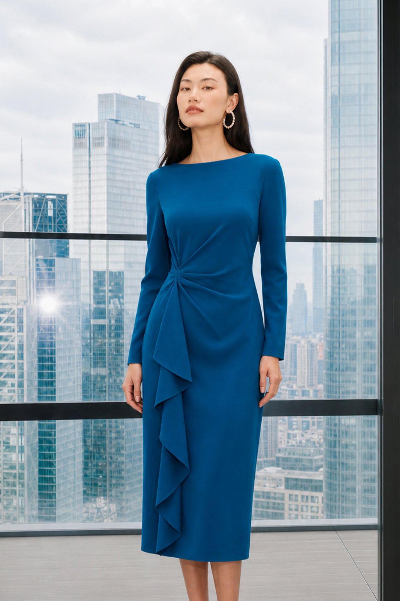 A style comparison of two elegant tailored long-sleeve midi dresses with side twist knotting and cascading ruffles; the left in a sophisticated light dove grey and the right in a vibrant royal blu