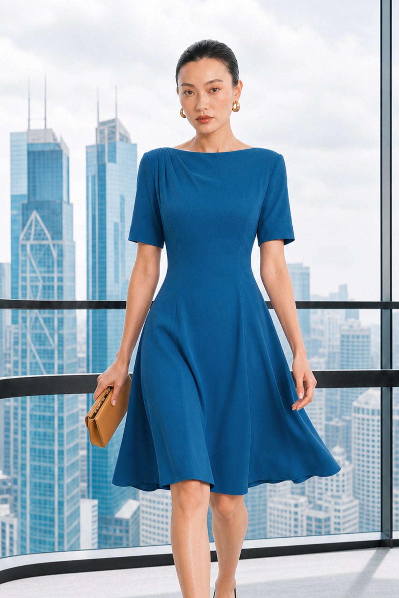 A beautiful model wearing a sophisticated medium blue A-line midi dress featuring an elegant boat neckline with refined asymmetric shoulder pleating, short sleeves, and a flowing flared swing skirt.