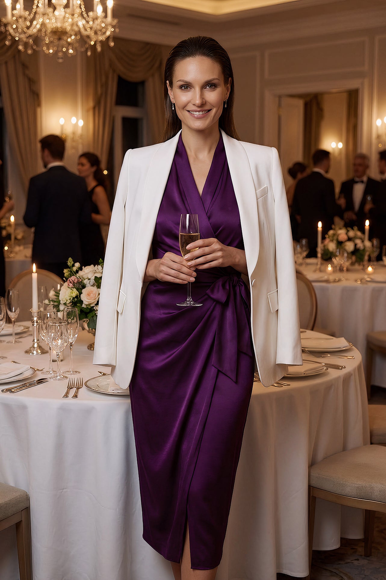 A professional woman modeling an elegant deep purple satin wrap midi dress, featuring a sophisticated surplice V-neck, cap sleeves, and a chic side bow tie for a quiet luxury evening or office look.