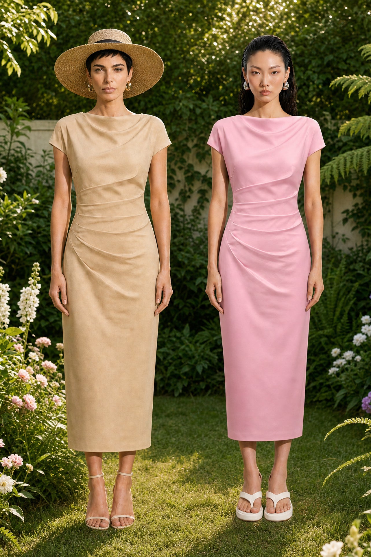 A professional woman modeling an elegant pastel pink satin midi dress, featuring a sophisticated cowl neckline, delicate cap sleeves, and slimming asymmetric ruched drapes across the waist for a quiet luxury look.