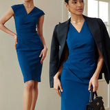 A style comparison of two elegant professional midi dresses with short cap sleeves; the left showcasing a sophisticated teal blue tailored sheath dress with a V-neckline and refined side ruching, and the right featuring the same slimming draping design in a soft pastel lavender lilac color.