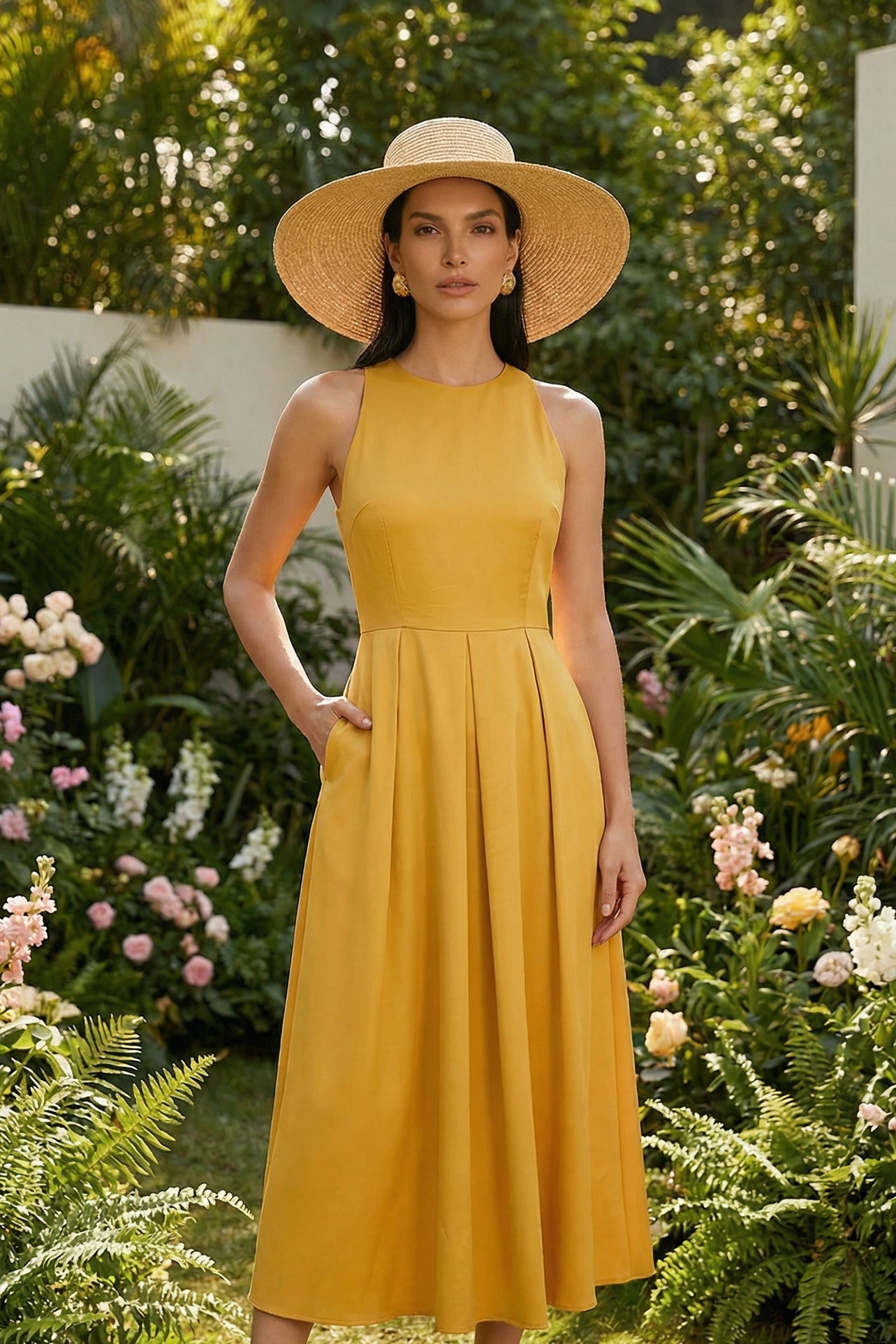 Two professional models wearing elegant halter-neck pleated maxi dresses in khaki and mustard yellow, featuring a high-waist A-line silhouette and side pockets, perfect for a sophisticated summer vacation or garden party look.
