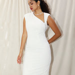 A professional woman wearing a sophisticated ivory sleeveless sheath dress, featuring a unique asymmetric zipper neckline and a tailored slim-fit silhouette for a modern executive office or cocktail look.