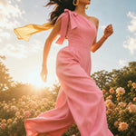 Two joyful women wearing elegant one-shoulder jumpsuits with large tie-bow shoulder straps in a sunny park; one jumps in a pastel pink wide-leg jumpsuit with yellow sneakers, while the other claps in a beige ankle-length jumpsuit.