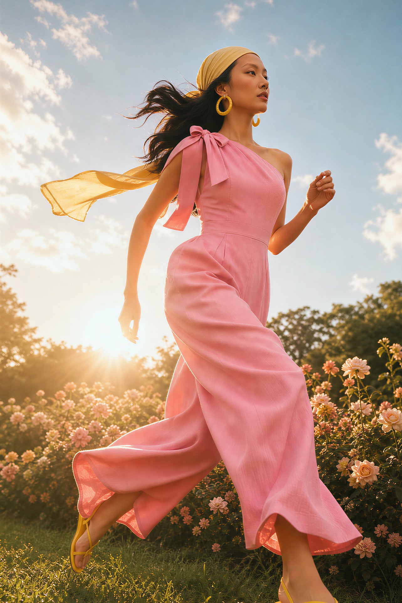 Two joyful women wearing elegant one-shoulder jumpsuits with large tie-bow shoulder straps in a sunny park; one jumps in a pastel pink wide-leg jumpsuit with yellow sneakers, while the other claps in a beige ankle-length jumpsuit.