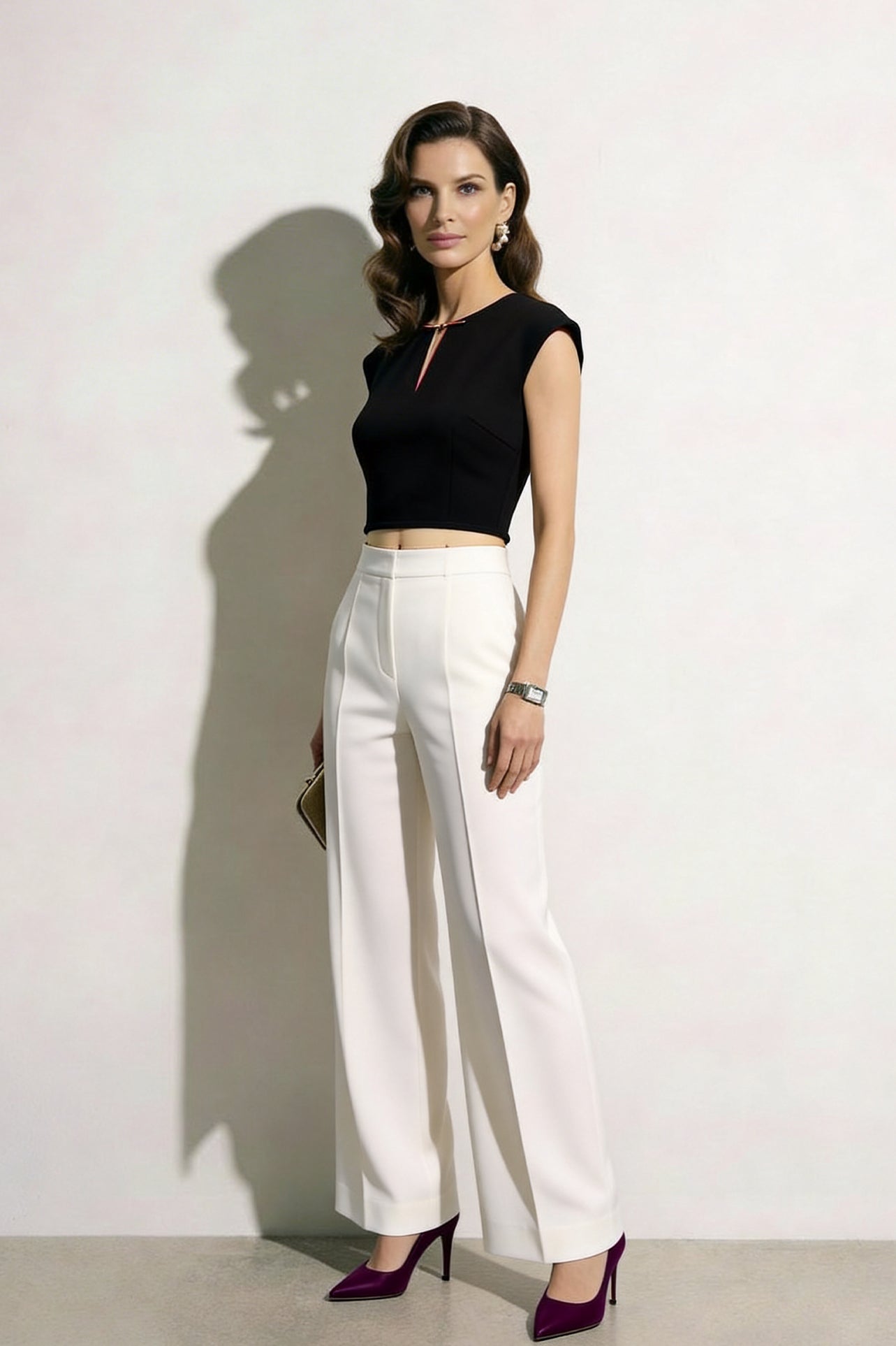 A professional woman modeling an elegant black and white color-block sheath dress, featuring a sleeveless black bodice with metallic hardware and a tailored white pencil skirt for a sophisticated executive look.