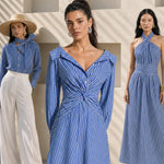 A style comparison of two elegant long-sleeve shirt maxi dresses featuring a unique twist knot waist design; the left showcasing a minimalist solid white dress with a popped collar, and the right featuring a classic blue and white vertical striped dress with a flattering A-line flare skirt.