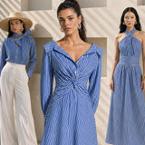 A style comparison of two elegant long-sleeve shirt maxi dresses featuring a unique twist knot waist design; the left showcasing a minimalist solid white dress with a popped collar, and the right featuring a classic blue and white vertical striped dress with a flattering A-line flare skirt.