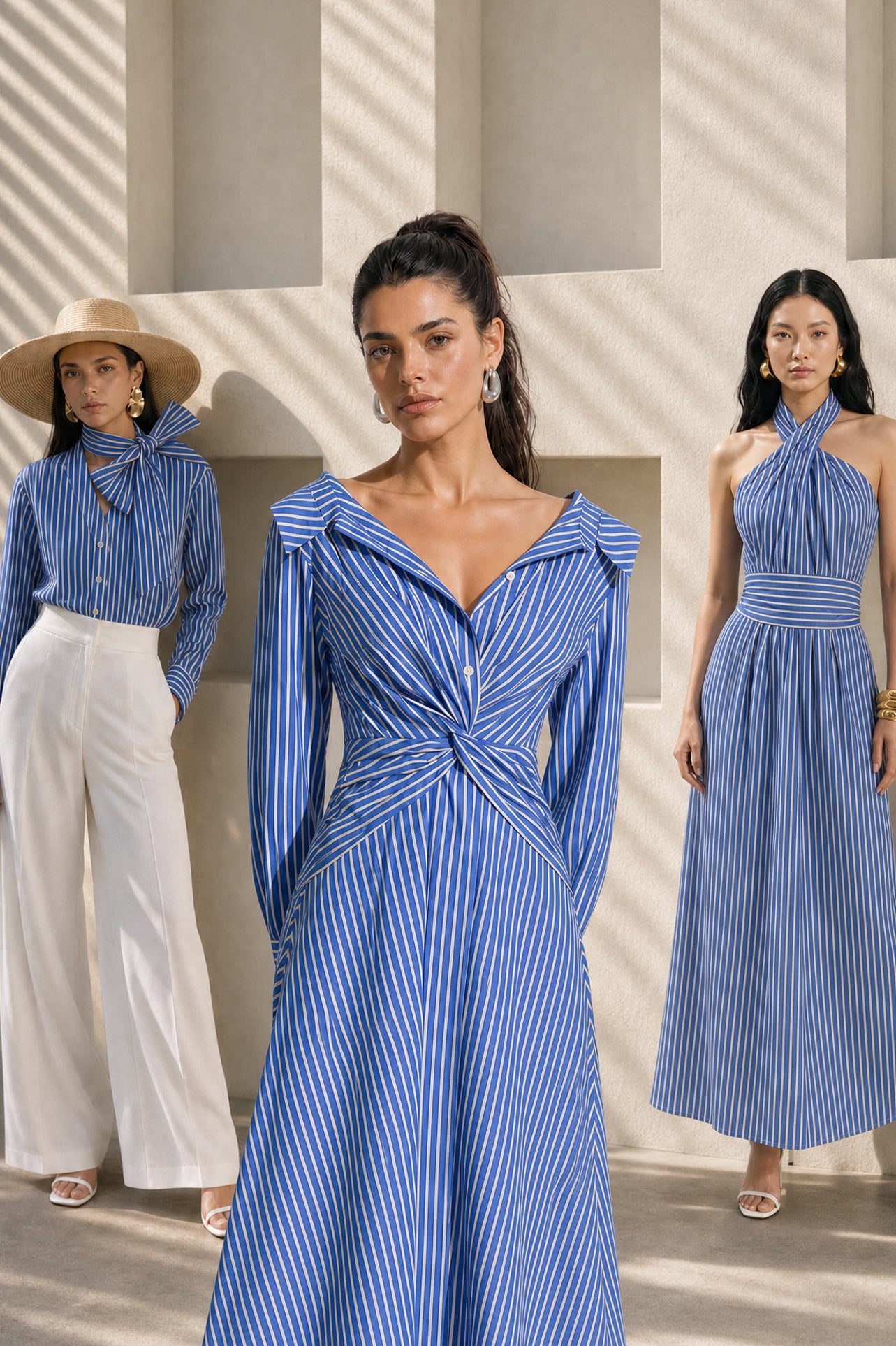 A style comparison of two elegant long-sleeve shirt maxi dresses featuring a unique twist knot waist design; the left showcasing a minimalist solid white dress with a popped collar, and the right featuring a classic blue and white vertical striped dress with a flattering A-line flare skirt.