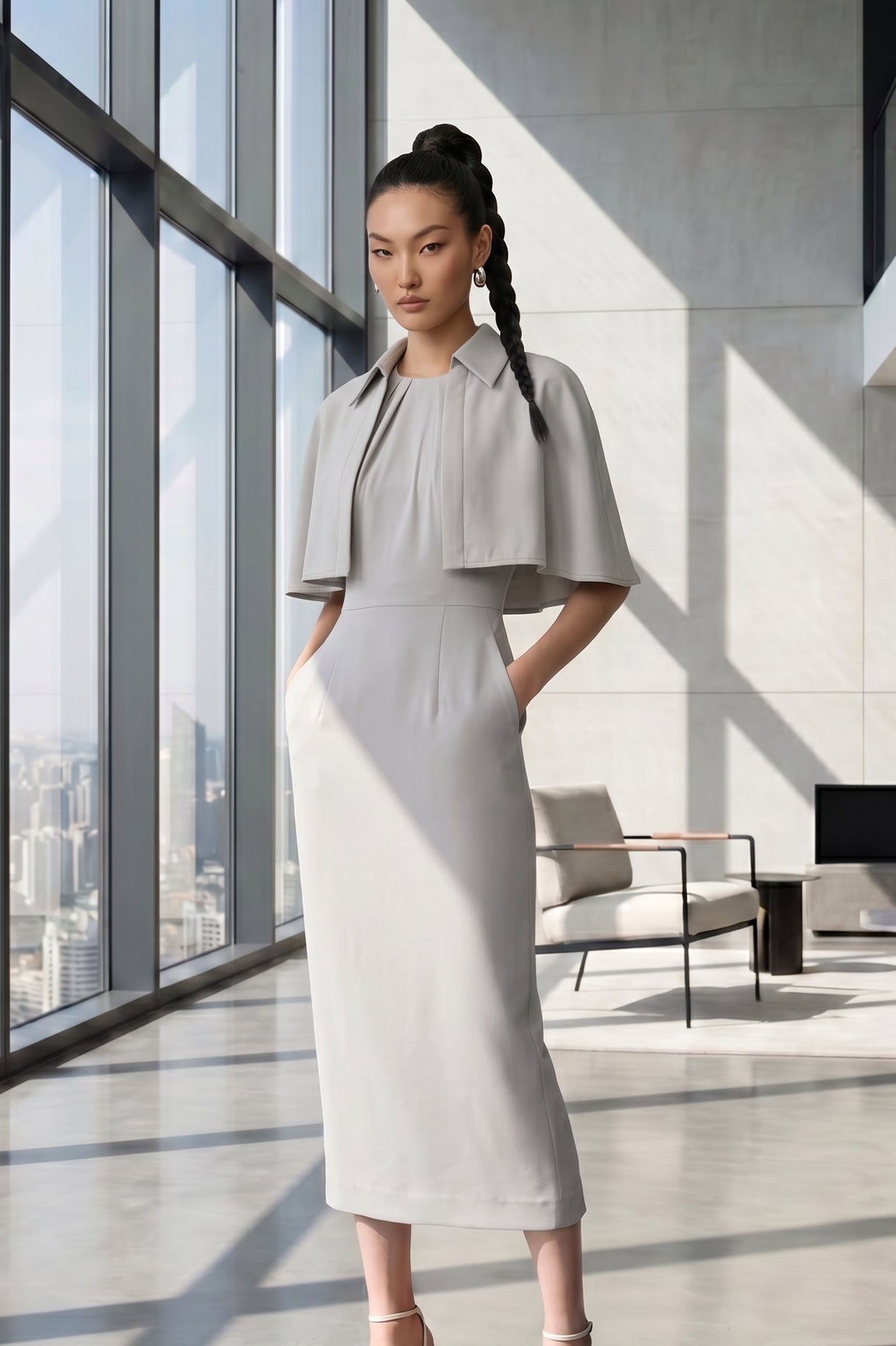 A style comparison of two elegant tailored office sheath midi dresses; the left showcasing a structured vibrant purple dress with a collared capelet sleeve design, and the right featuring a minimalist light grey sleeveless dress with subtle pleated neckline and side pockets.