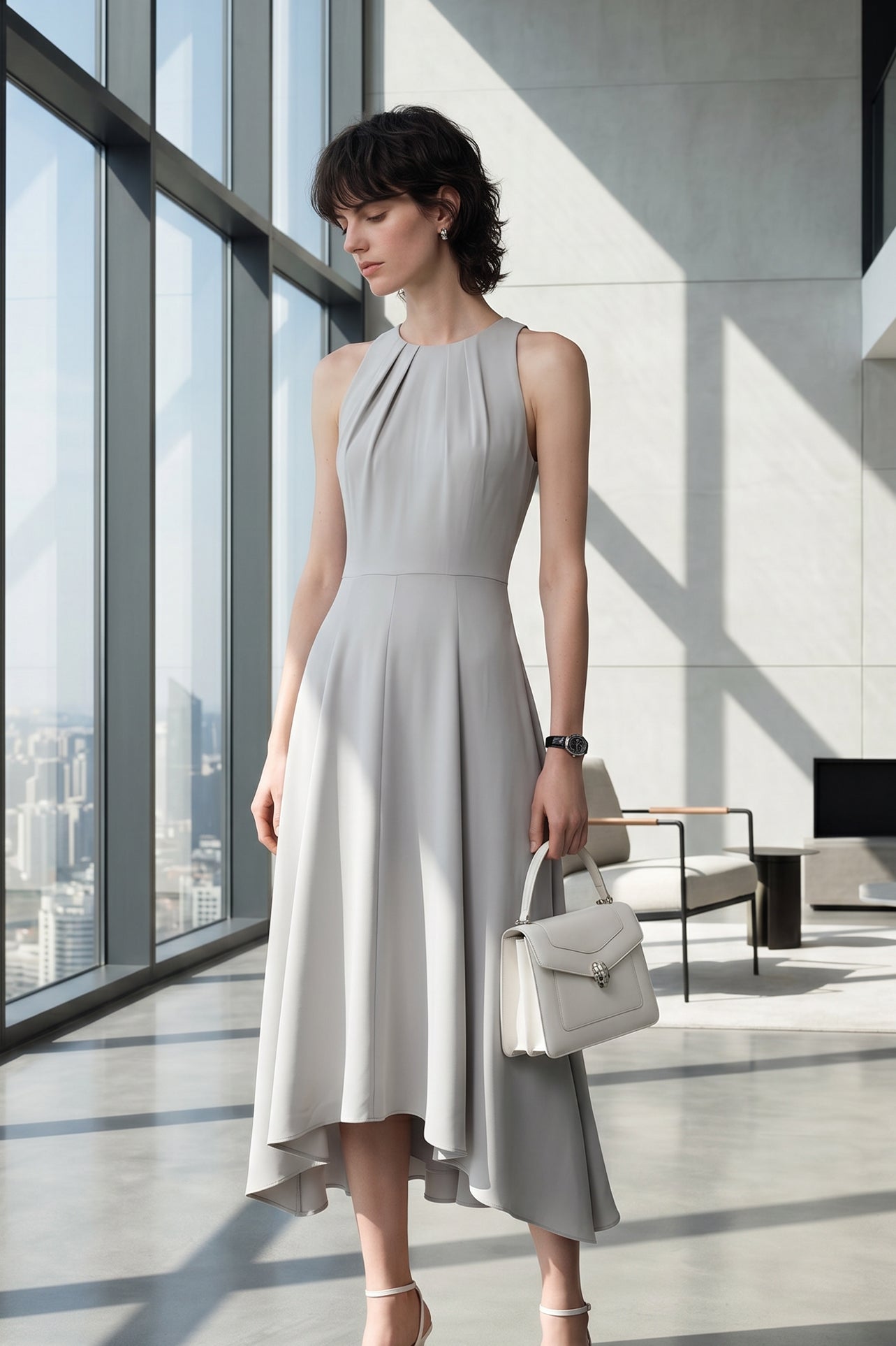A style comparison of two elegant tailored midi dresses with a flowing high-low hem; the left showcasing a sophisticated light grey dress with a structured collared capelet sleeve, and the right featuring a vibrant purple sleeveless dress with refined pleated neckline and side pockets.