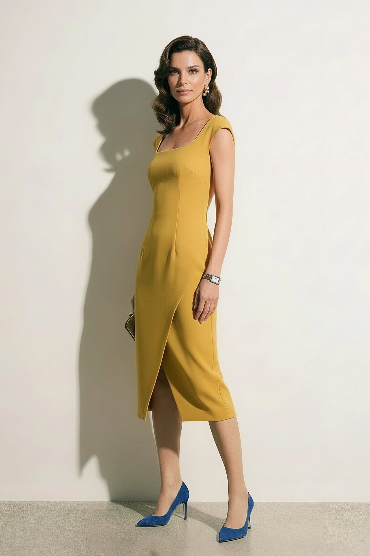 A professional woman modeling an elegant mid-blue midi dress featuring a structured square neckline, delicate cap sleeves, and a flattering high-waisted A-line flare skirt for a sophisticated summer look.