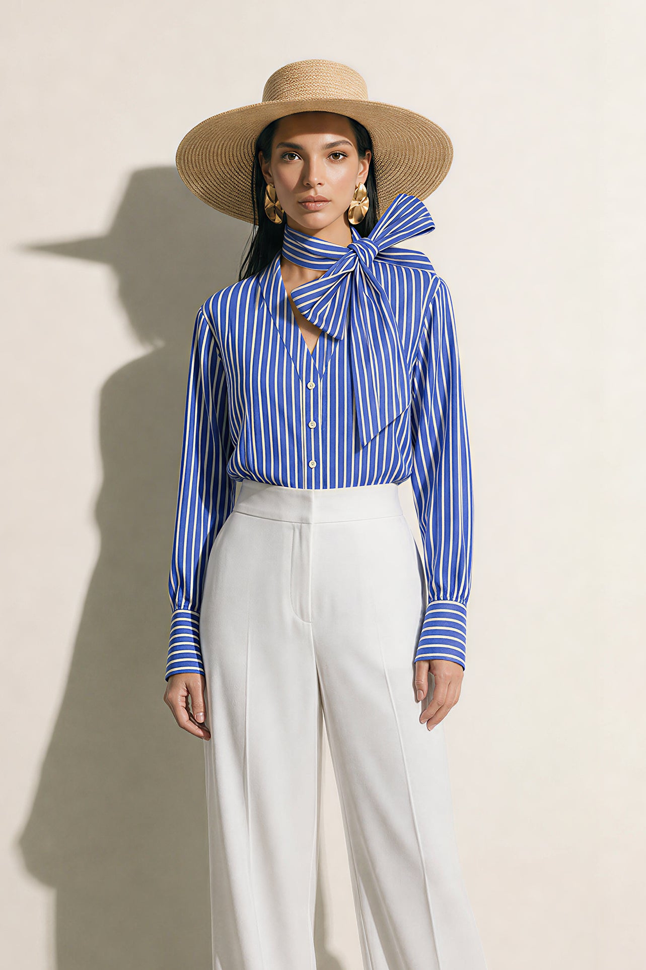 A style collection of three models presenting elegant dopamine office wear; the left in a white bow-tie blouse with a mustard yellow front-slit midi skirt, the center wearing a blue striped pussy-bow shirt with a straw hat and white wide-leg trousers, and the right in a vibrant orange satin blouse with a royal blue pencil skirt