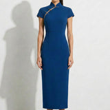 A collection of four professional models of different ages wearing elegant royal blue dresses featuring modern Chinese elements, including mandarin collars, traditional knot buttons, and diverse silhouettes from sleek sheaths to pleated A-line skirts.