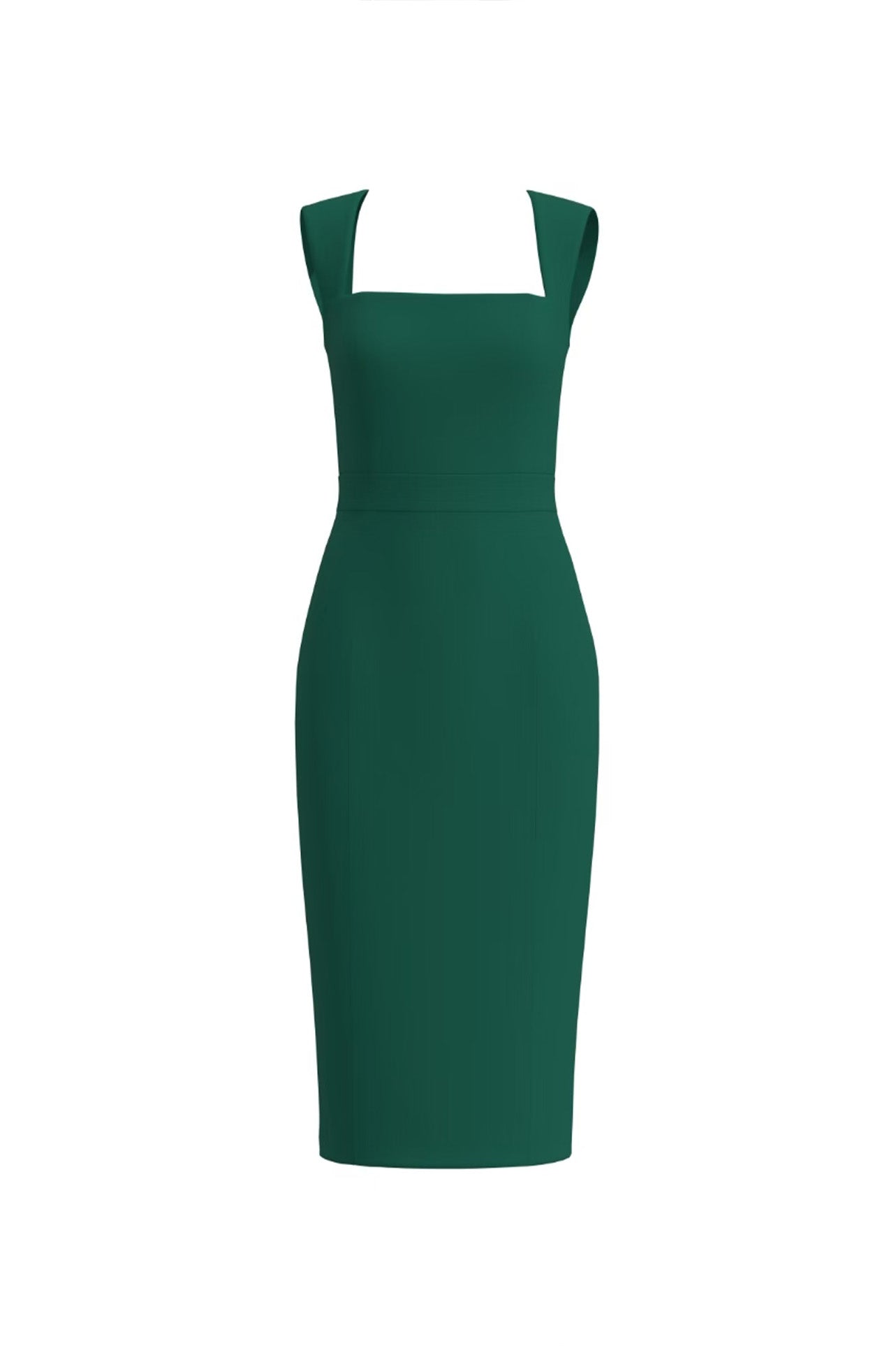 A professional woman wearing a sophisticated emerald green sleeveless dress, featuring a classic square neckline and a flattering tailored sheath silhouette for an elegant executive look.