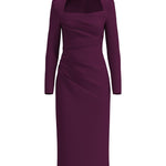 A professional woman wearing a sophisticated deep magenta long-sleeve pencil dress, featuring a unique square neckline and elegant ruched detailing at the waist for a flattering, slim-fit executive look.