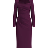 A professional woman wearing a sophisticated deep magenta long-sleeve pencil dress, featuring a unique square neckline and elegant ruched detailing at the waist for a flattering, slim-fit executive look.