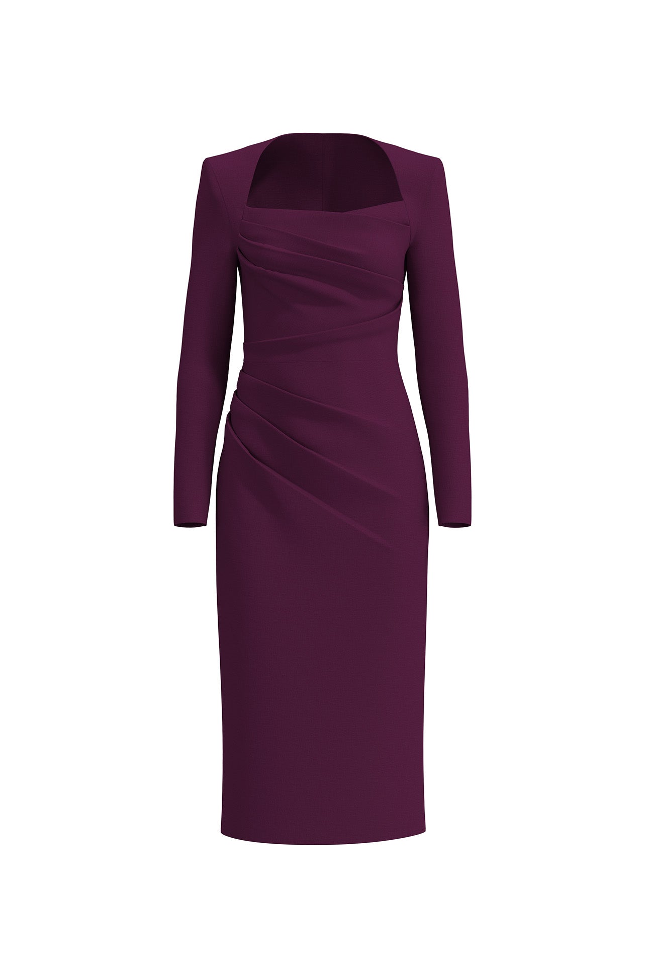 A professional woman wearing a sophisticated deep magenta long-sleeve pencil dress, featuring a unique square neckline and elegant ruched detailing at the waist for a flattering, slim-fit executive look.