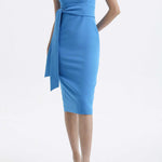 Four women showcasing an elegant v-neck sleeveless sheath dress in black, burgundy, teal green, and lavender pink, featuring a slimming tie-waist design perfect for a modern professional office look.